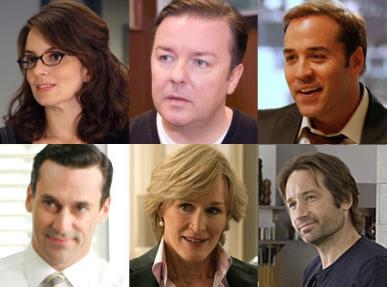 Tina Fey (30 Rock), Ricky Gervais (Extras), Jeremy Piven (Entourage), Jon Hamm (Mad Men), Glenn Close (Damages), David Duchovny (Californication) Tina Fey (30 Rock), Ricky Gervais (Extras), Jeremy Piven (Entourage), Jon Hamm (Mad Men), Glenn Close (Damages), David Duchovny (Californication)